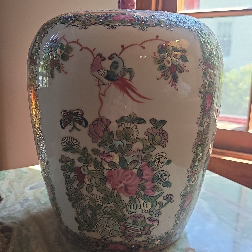 Vintage Chinese Famille Rose Medallion Hand Painted Porcelain Melon Ginger Jar w